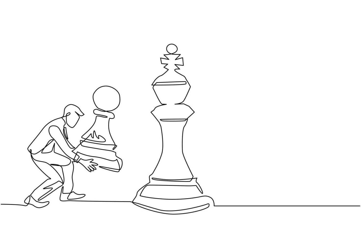 único empresário de desenho de linha segurando a peça de xadrez de peão  para vencer o